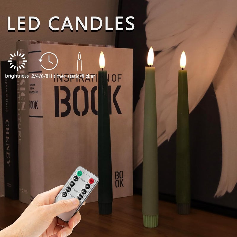 AFINETH Green Flameless Taper Candles, 9.6" Real Wax Battery Operated Candles with Remote, 3 Pack Flickering, Gradient Candlesticks, Fake Candle for Home, Wedding, Party Decor - Image 3